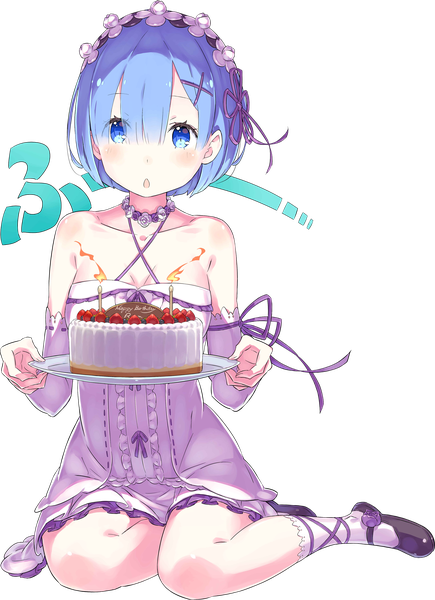 Anime picture 2000x2757 with re:zero kara hajimeru isekai seikatsu white fox rem (re:zero) ootsuka shin'ichirou single tall image looking at viewer blush highres short hair open mouth blue eyes bare shoulders blue hair official art :o text transparent background cosplay girl