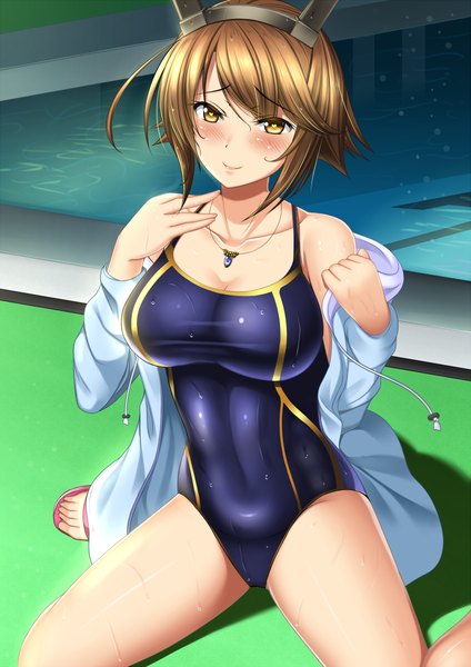 Anime picture 723x1023 with kantai collection mutsu battleship shibata rai single tall image looking at viewer blush short hair breasts light erotic smile brown hair large breasts yellow eyes girl swimsuit one-piece swimsuit school swimsuit pool