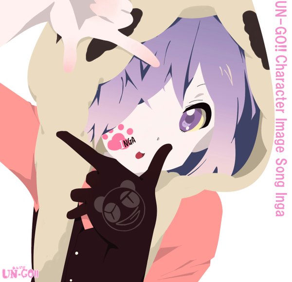 Anime picture 1374x1332 with un-go studio bones inga siina single fringe short hair open mouth simple background white background purple eyes purple hair hair over one eye inscription face paint boy gloves shirt vest cap