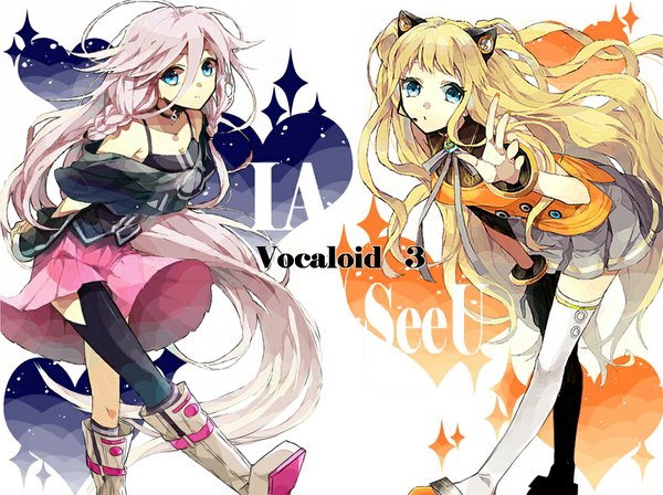 Anime picture 1070x800 with vocaloid ia (vocaloid) seeu wonoco0916 looking at viewer blue eyes blonde hair multiple girls animal ears pink hair ahoge braid (braids) very long hair nail polish cat ears inscription twin braids hands behind back girl thighhighs