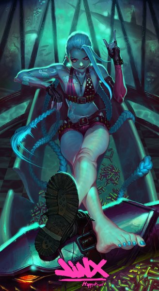 Anime picture 1002x1832 with league of legends jinx (league of legends) happykwak single tall image looking at viewer smile red eyes sitting bare shoulders blue hair braid (braids) very long hair nail polish barefoot tattoo underwater girl gloves navel