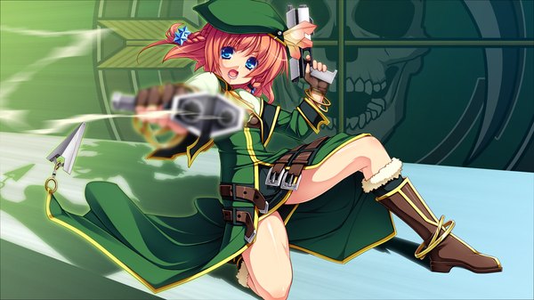 Anime picture 1024x576 with legend seven (game) short hair open mouth blue eyes wide image game cg red hair girl weapon gun beret