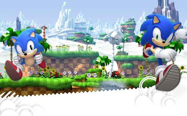 Anime picture 1920x1200 with sonic (series) sonic the hedgehog highres blue eyes wide image black eyes snow running waterfall 3d gloves flower (flowers) plant (plants) tree (trees) water white gloves grass palm tree sunflower furry