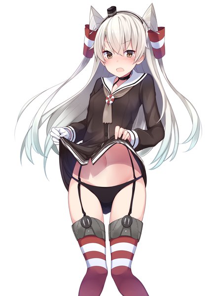 Anime picture 2893x4092 with kantai collection amatsukaze destroyer suruga (xsurugax) single long hair tall image looking at viewer blush fringe highres light erotic hair between eyes standing brown eyes silver hair two side up embarrassed dress lift girl thighhighs