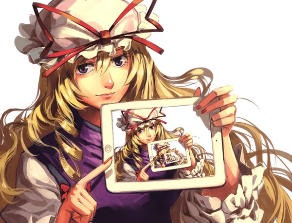 Anime picture 1273x973 with touhou yakumo yukari ruukii drift single long hair looking at viewer blue eyes simple background blonde hair white background holding nail polish fingernails drill hair wavy hair long fingernails girl bow ribbon (ribbons) bonnet