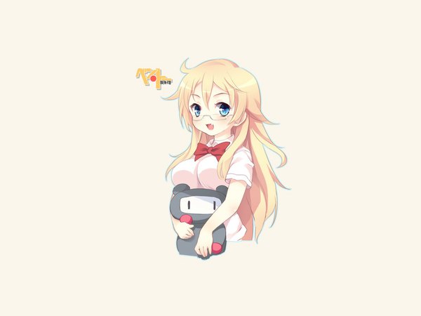 Anime picture 1024x768 with ben-tou david production shaga ayame single long hair blush open mouth blue eyes simple background blonde hair white background teeth fang (fangs) hieroglyph girl glasses bowtie toy stuffed animal