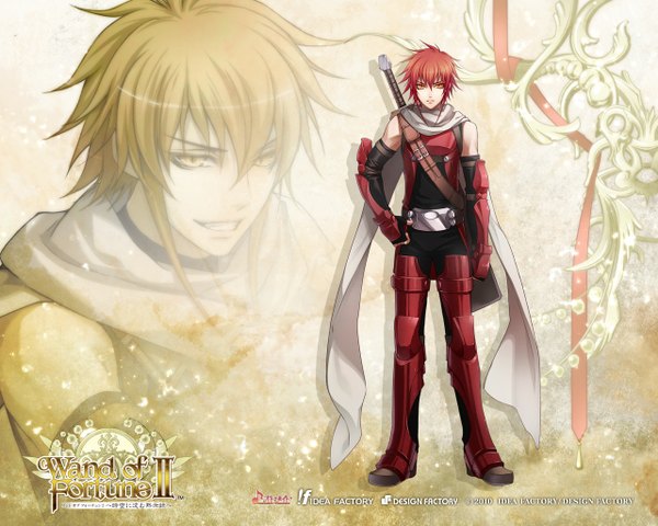 Anime picture 1280x1024 with wand of fortune 2 idea factory lagi el nagil single short hair smile red hair inscription orange eyes boy weapon detached sleeves sword scarf armor