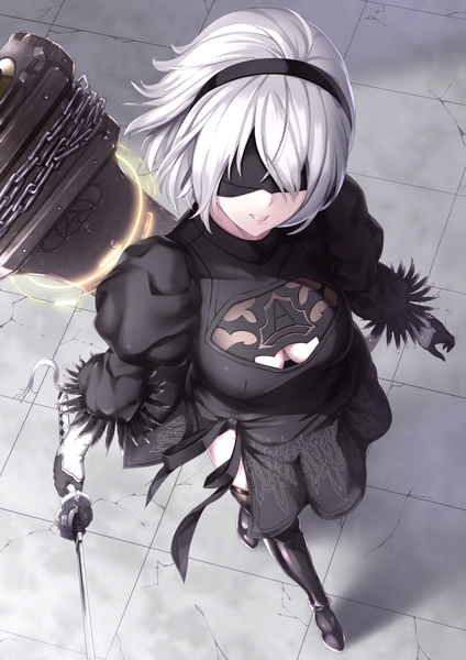 Anime picture 778x1100 with nier nier:automata yorha no. 2 type b yukikaze (siiver92zero) single tall image fringe short hair light erotic holding white hair head tilt from above lips mole puffy sleeves mole under mouth walking dual wielding blindfold