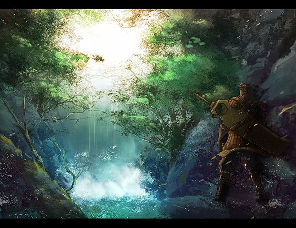 Anime picture 1000x774 with monster hunter tagme (character) asakawa keiji (artist) single standing back light landscape nature waterfall plant (plants) tree (trees) water huge weapon stone (stones) huge sword