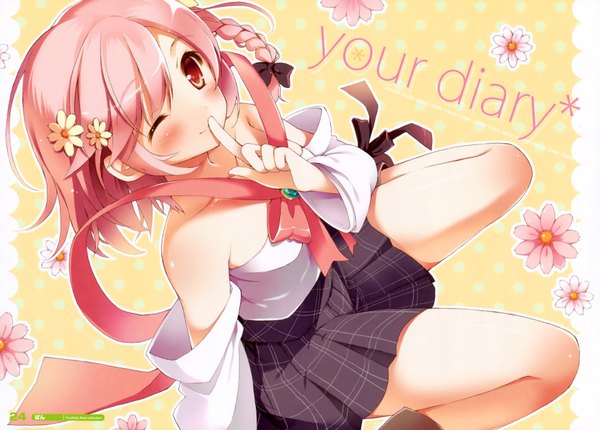 Anime picture 3488x2500 with your diary yua (your diary) pan (mimi) single blush highres short hair red eyes bare shoulders pink hair braid (braids) pleated skirt one eye closed light smile wink inscription single braid finger to mouth plaid skirt polka dot