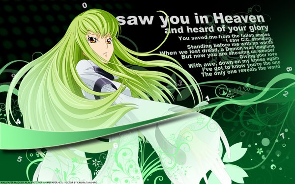 Anime picture 1440x900 with code geass sunrise (studio) c.c. single long hair fringe wide image yellow eyes long sleeves green hair wide sleeves text girl
