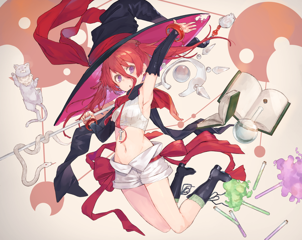 Anime picture 1259x1000 with original kikkaiki single long hair fringe hair between eyes twintails purple eyes holding looking away bent knee (knees) red hair parted lips :o armpit (armpits) outstretched arm jumping alchemy girl navel