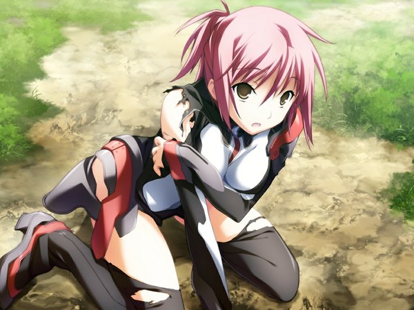 Anime picture 1024x768 with baldr (series) baldr sky baldr sky dive 2 giga nagisa chinatsu single open mouth sitting brown eyes pink hair game cg ponytail torn clothes girl pilot suit