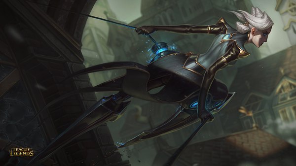 Anime picture 1920x1080 with league of legends camille (league of legends) single highres blue eyes wide image looking away bent knee (knees) profile grey hair blurry official art hair bun (hair buns) depth of field back city spread arms leg lift (legs lift) mechanical logo