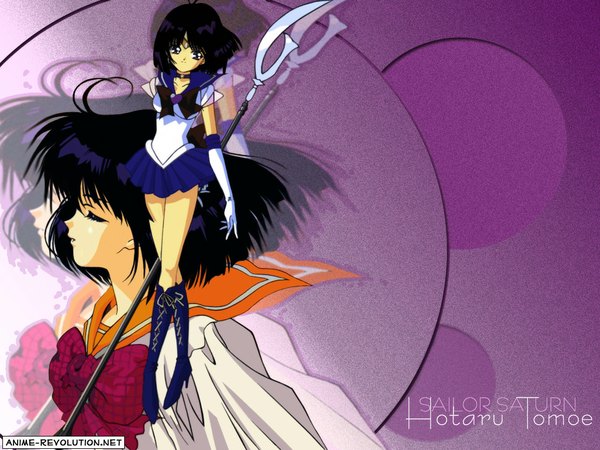 Anime picture 1024x768 with bishoujo senshi sailor moon toei animation tomoe hotaru sailor saturn looking at viewer short hair black hair girl gloves bow glaive tagme