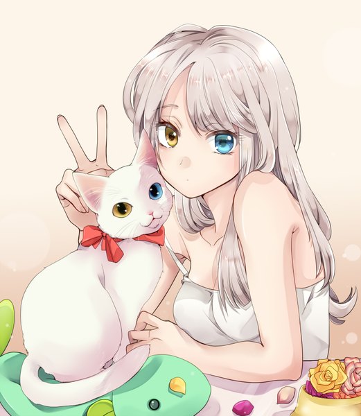 Anime picture 1500x1726 with original mihara youzora single long hair tall image looking at viewer bare shoulders silver hair heterochromia victory girl flower (flowers) animal petals cat