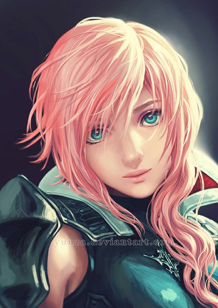 Anime picture 700x990 with final fantasy xiii lightning farron yuuza single long hair tall image looking at viewer fringe blue eyes simple background pink hair light smile dark background close-up girl
