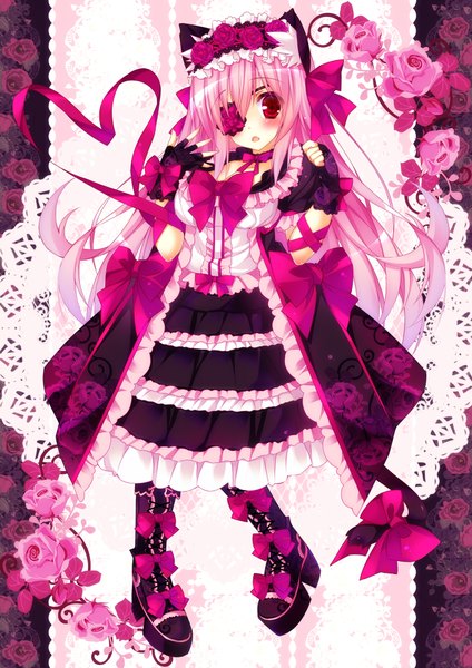 Anime picture 1414x2000 with original ojitcha single long hair tall image looking at viewer blush open mouth red eyes animal ears pink hair tail animal tail cat ears cat girl cat tail girl flower (flowers) bow ribbon (ribbons)