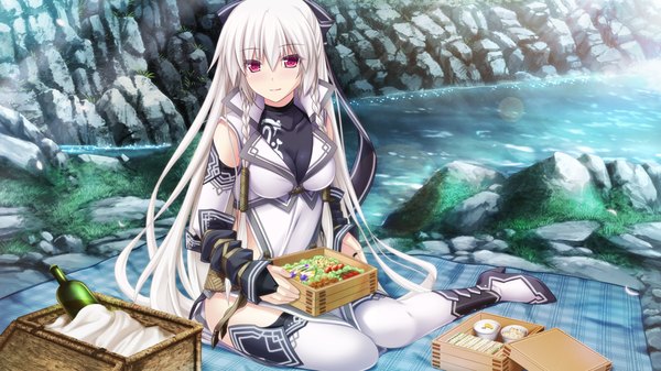 Anime picture 1280x720 with kami no rhapsody eushully mistoria (kami no rhapsody) single long hair blush red eyes wide image sitting game cg white hair braid (braids) river girl dress bow hair bow food obento