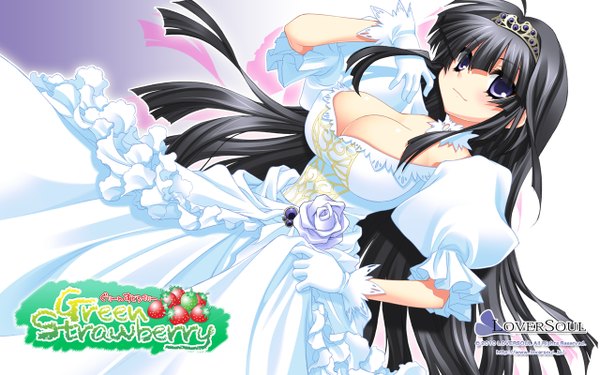 Anime picture 1280x800 with green strawberry blue eyes light erotic black hair wide image girl dress white dress tiara