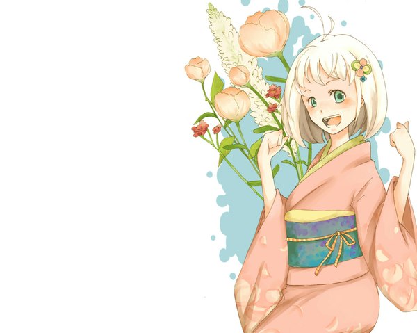 Anime picture 1024x819 with ao no exorcist a-1 pictures moriyama shiemi single blush short hair open mouth simple background blonde hair white background green eyes traditional clothes hair flower girl hair ornament flower (flowers)