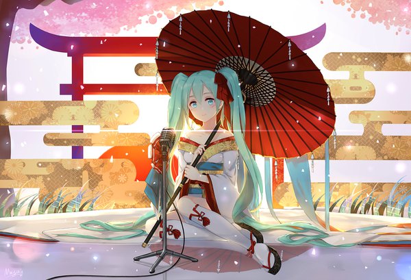 Anime picture 1757x1200 with vocaloid hatsune miku maya g single looking at viewer blush fringe highres smile hair between eyes sitting twintails bare shoulders absurdres very long hair traditional clothes japanese clothes aqua eyes aqua hair wide sleeves