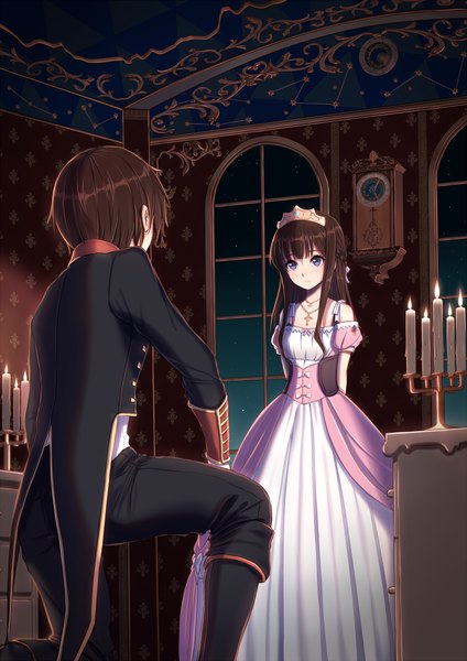 Anime picture 1000x1414 with original phantania long hair tall image short hair blue eyes brown hair couple girl dress boy window crown candle (candles)