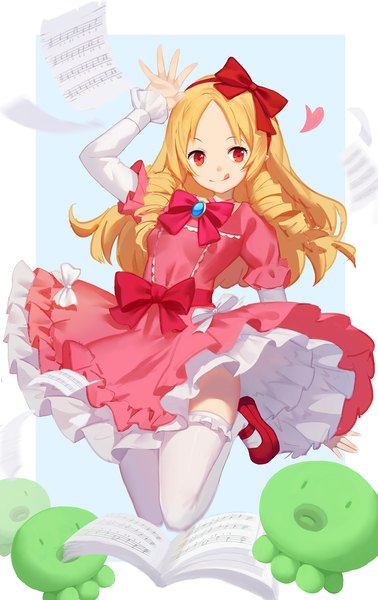 Anime picture 1240x1967 with eromanga sensei a-1 pictures yamada elf sannye single long hair tall image blonde hair smile red eyes full body arm up drill hair jumping girl thighhighs dress bow hair bow white thighhighs