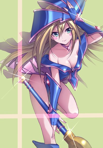 Anime picture 2855x4093 with yu-gi-oh! yu-gi-oh! duel monsters dark magician girl maruchi single long hair tall image looking at viewer fringe highres breasts light erotic simple background blonde hair hair between eyes holding cleavage off shoulder sparkle floating hair
