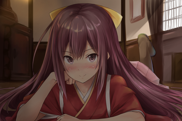 Anime picture 900x600 with kantai collection kamikaze destroyer ichikawa feesu single long hair looking at viewer blush fringe smile hair between eyes purple eyes payot purple hair indoors traditional clothes japanese clothes pleated skirt sunlight arm support shadow