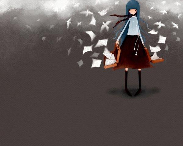 Anime picture 1280x1024 with echi (artist) long hair blue hair girl animal bird (birds) bag paper