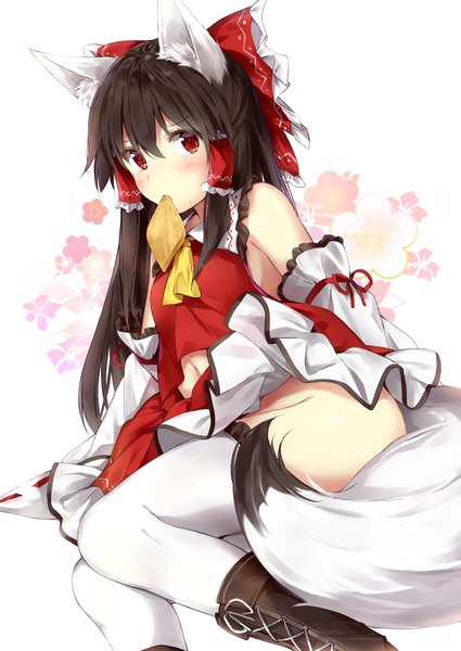 Anime picture 656x926 with touhou hakurei reimu izuru single long hair tall image looking at viewer blush fringe light erotic simple background hair between eyes red eyes brown hair sitting holding animal ears payot tail traditional clothes