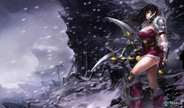 Anime picture 1215x717 with league of legends sivir (league of legends) single breasts light erotic black hair red eyes wide image large breasts wind snowing winter snow mountain ruins girl weapon armor