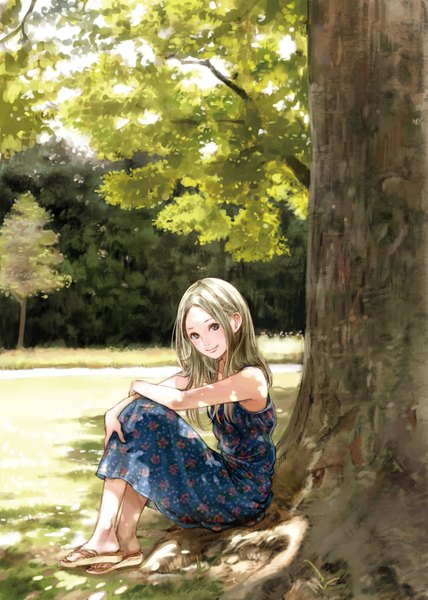 Anime picture 2976x4175 with original kishida mel single long hair tall image looking at viewer highres blue eyes blonde hair sitting girl plant (plants) tree (trees) sundress sandals