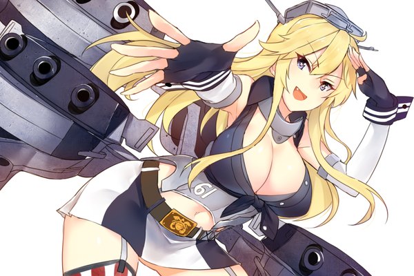 Anime picture 1920x1280 with kantai collection iowa (kantai collection) junp single long hair fringe highres breasts open mouth blue eyes light erotic simple background blonde hair smile hair between eyes large breasts white background bare shoulders cleavage teeth