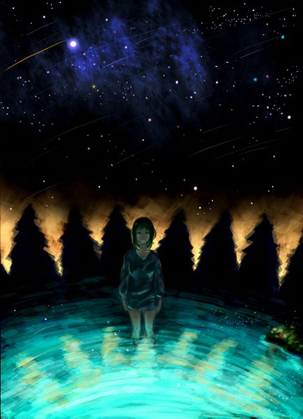 Anime picture 1754x2421 with vocaloid gumi hagehiro single tall image highres standing sky green hair night pale skin expressionless bottomless meteor rain girl plant (plants) tree (trees) water star (stars) sweater