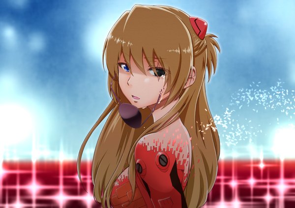 Anime picture 2047x1447 with neon genesis evangelion rebuild of evangelion gainax shikinami asuka langley suzushiro nazuna single long hair looking at viewer fringe highres breasts blue eyes light erotic brown hair payot parted lips black eyes blurry tears scar