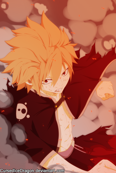 Anime picture 1200x1777 with fairy tail original cursedicedragon single tall image short hair red eyes orange hair grin coloring torn clothes smoke muscle angry boy cloak fist