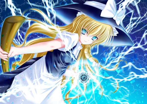 Anime picture 1219x870 with touhou kirisame marisa tagme (artist) long hair blue eyes blonde hair magic witch girl skirt witch hat skirt set mini-hakkero