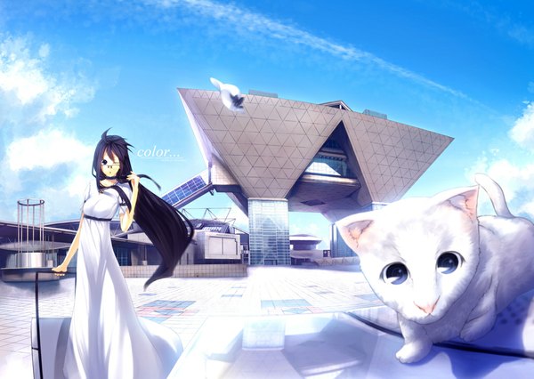 Anime picture 1024x728 with original kochi (artist) long hair blue eyes black hair sky cloud (clouds) one eye closed wind wink girl dress hat glasses building (buildings) cat suitcase