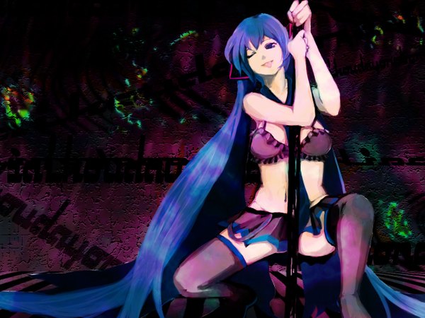 Anime picture 1280x960 with vocaloid hatsune miku meola long hair blue eyes light erotic twintails blue hair very long hair one eye closed wink pole dancing striptease girl thighhighs skirt tongue