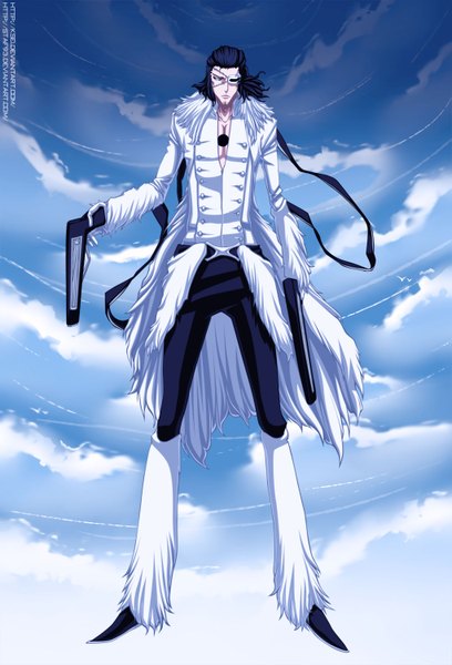 Anime picture 1021x1500 with bleach studio pierrot coyote starrk ksei single tall image short hair blue eyes black hair sky cloud (clouds) coloring espada boy ribbon (ribbons) gun fur eyepatch pistol