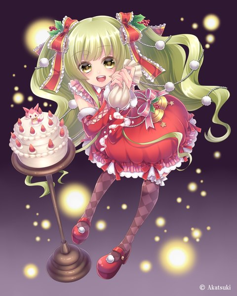 Anime picture 1920x2400 with original takamiya ren single long hair tall image looking at viewer blush highres open mouth twintails green eyes green hair girl dress bow hair bow detached sleeves food sweets bell