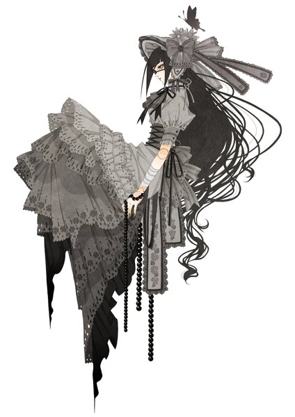 Anime picture 3035x4299 with original hoshinoy single tall image highres black hair white background sitting holding absurdres very long hair grey eyes monochrome flying girl dress bow hat insect butterfly