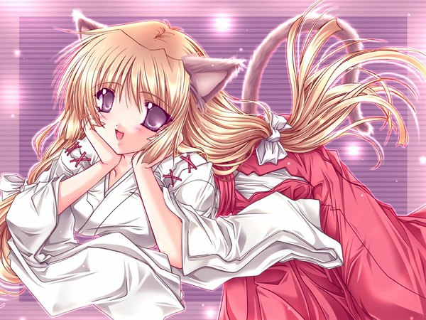 Anime picture 1024x768 with animal ears japanese clothes cat girl miko girl