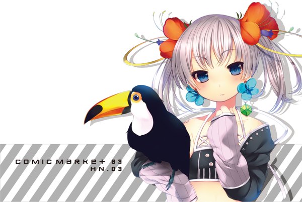 Anime picture 2048x1375 with original skull.03 single highres short hair blue eyes twintails silver hair hair flower short twintails girl hair ornament detached sleeves earrings animal bird (birds)