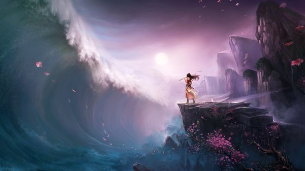 Anime picture 1920x1080 with tagme (artist) single highres brown hair wide image sky cloud (clouds) wind cherry blossoms evening sunset rock girl petals water musical instrument wave (waves) flute