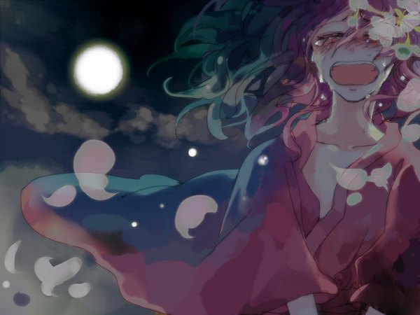 Anime picture 1024x768 with touhou saigyouji yuyuko popoin single blush open mouth pink hair cloud (clouds) eyes closed wind night open clothes night sky tears cherry blossoms crying girl flower (flowers) petals moon