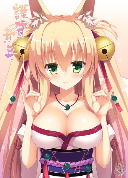 Anime picture 1486x2057 with original yuzu modoki single long hair tall image looking at viewer fringe breasts light erotic blonde hair simple background hair between eyes large breasts standing green eyes animal ears payot cleavage upper body traditional clothes