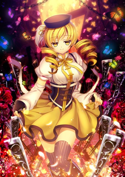 Anime picture 849x1200 with mahou shoujo madoka magica shaft (studio) tomoe mami capura lin single long hair tall image looking at viewer blonde hair smile yellow eyes drill hair girl thighhighs dress weapon petals gun insect butterfly